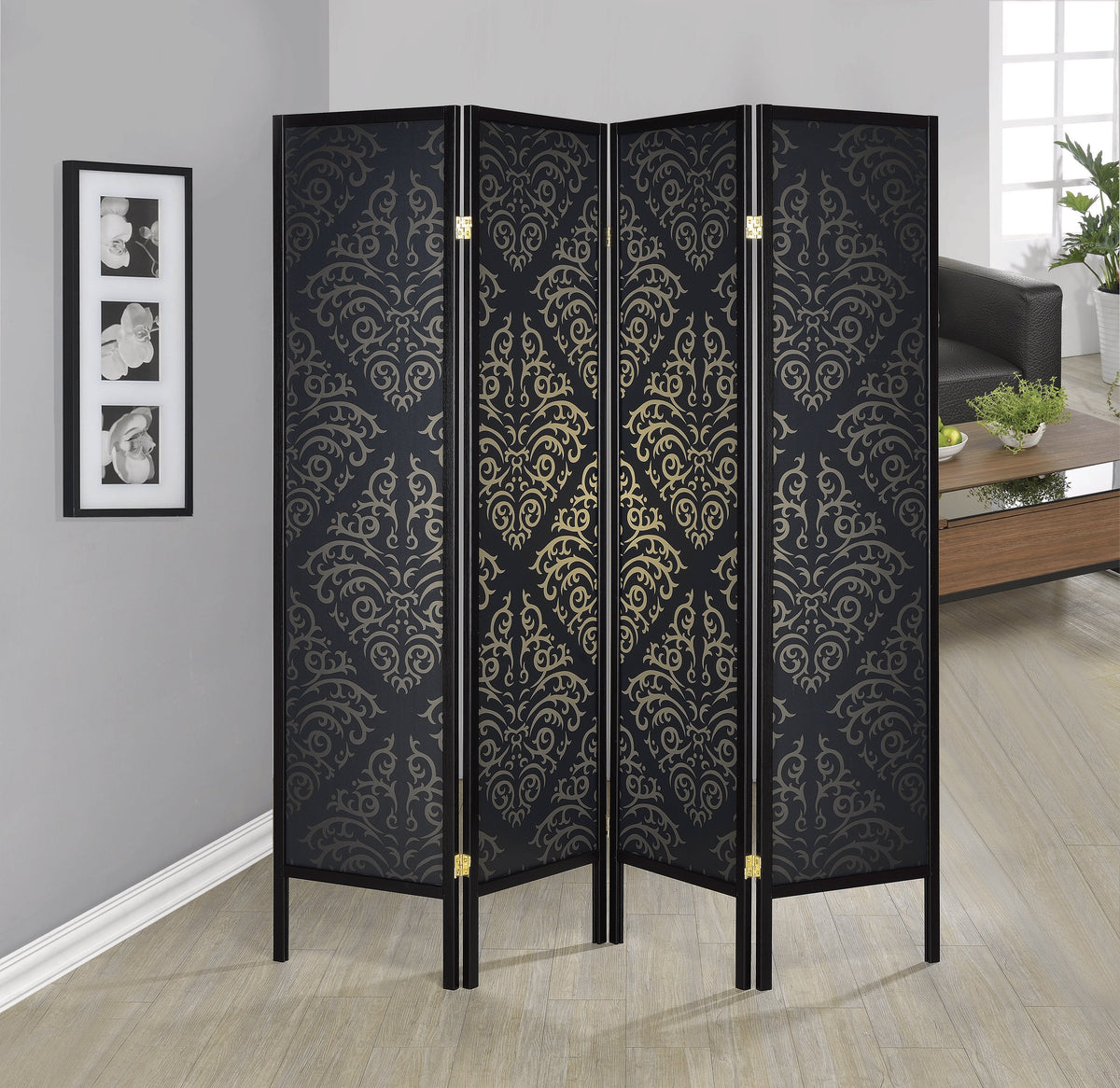 Coaster Haidera 4-panel Damask Pattern Folding Screen Black Model 901632