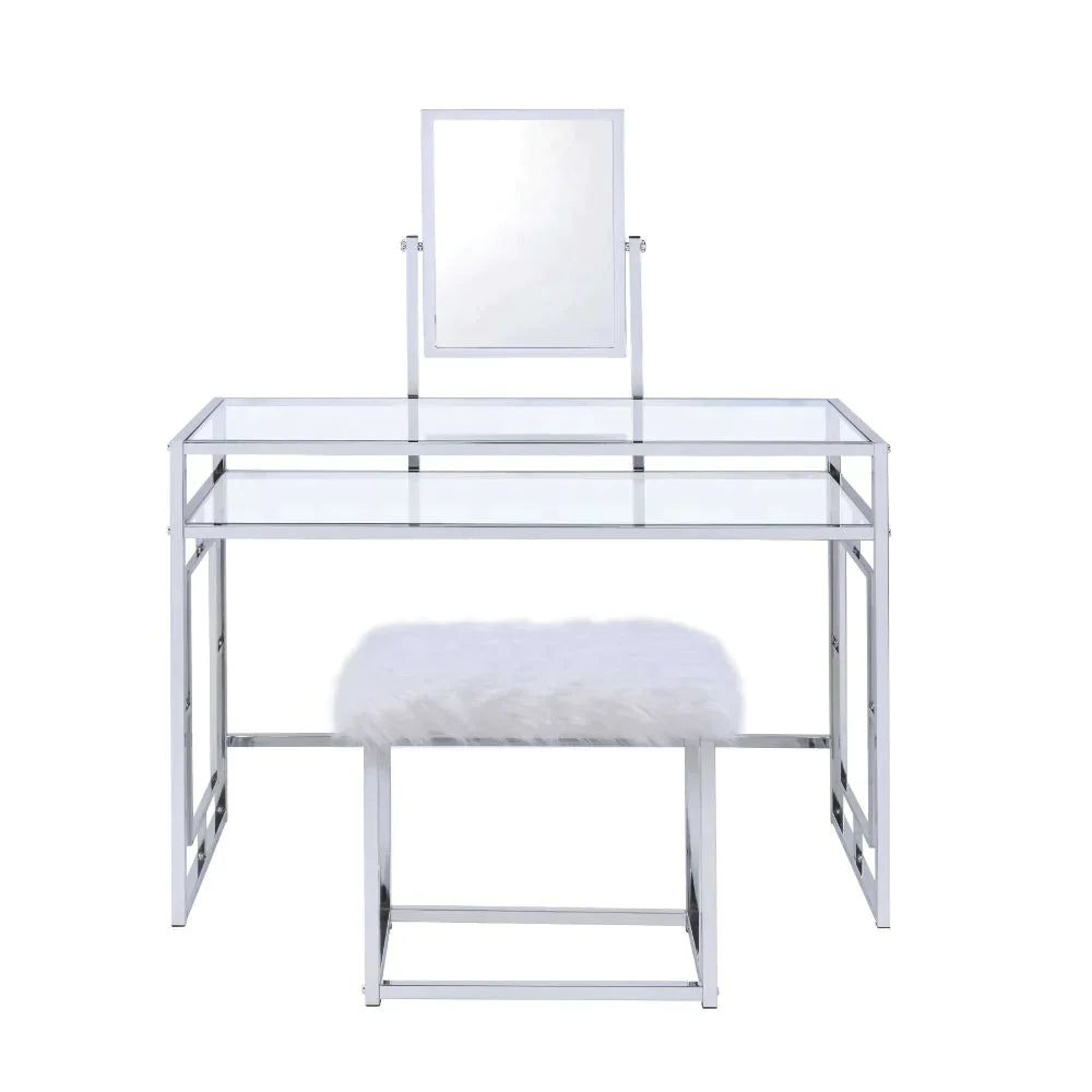 Carenze II White Faux Fur & Chrome Vanity Desk Model 90314 By ACME Furniture