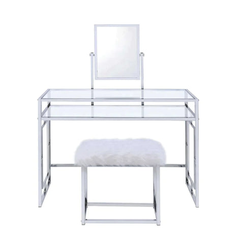 Carenze II White Faux Fur & Chrome Vanity Desk Model 90314 By ACME Furniture