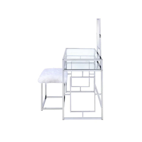 Carenze II White Faux Fur & Chrome Vanity Desk Model 90314 By ACME Furniture