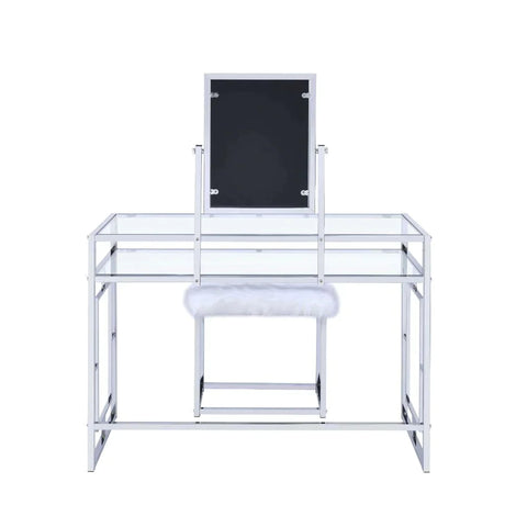 Carenze II White Faux Fur & Chrome Vanity Desk Model 90314 By ACME Furniture