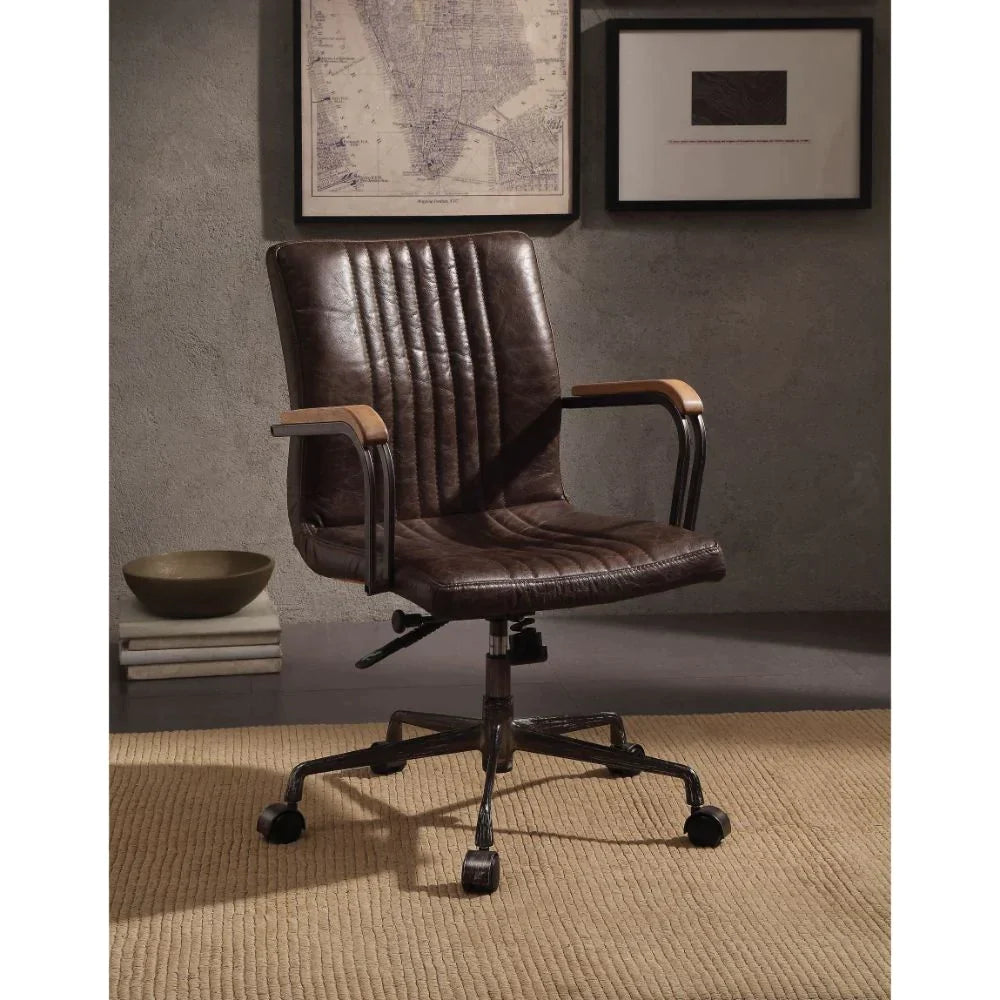Joslin Distress Chocolate Top Grain Leather Executive Office Chair Model 92028 By ACME Furniture