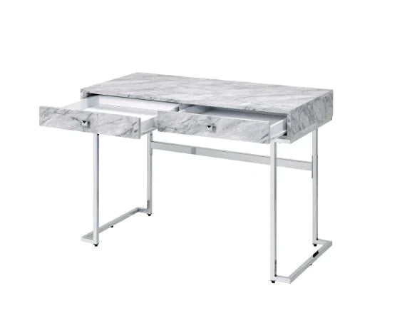 Tigress White Printed Faux Marble & Chrome Finish Writing Desk Model 92615 By ACME Furniture