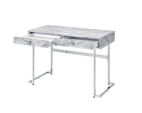 Tigress White Printed Faux Marble & Chrome Finish Writing Desk Model 92615 By ACME Furniture