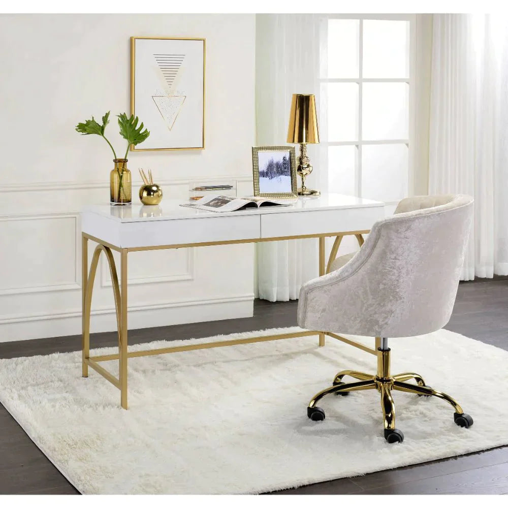 Lightmane White High Gloss & Gold Desk Model 92660 By ACME Furniture