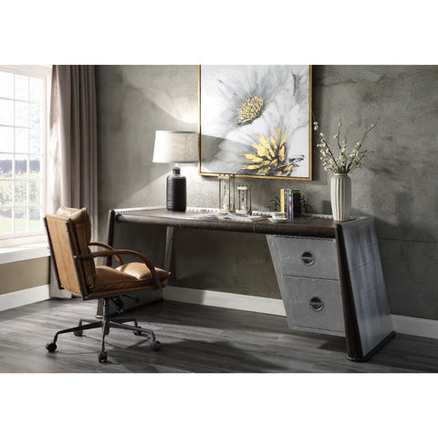 ACME Brancaster Distress Chocolate Top Grain Leather & Aluminum Brancaster Desk Model 92855