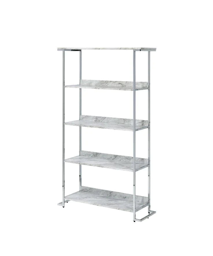 Visage White Printed Faux Marble & Chrome Bookshelf Model 92937 By ACME Furniture