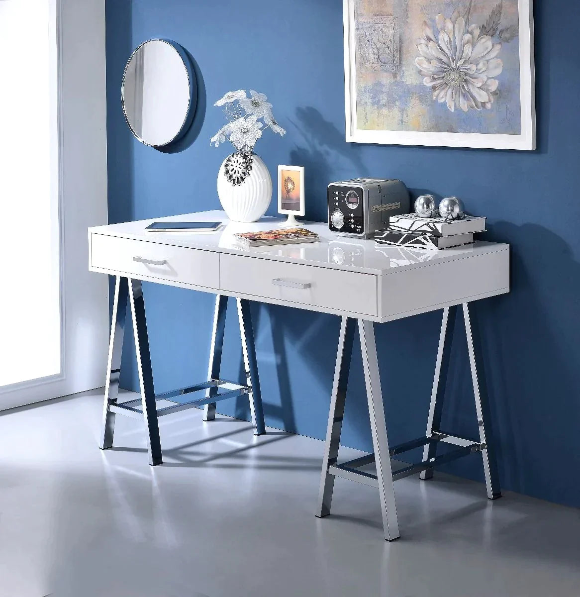 Coleen White High Gloss & Chrome Finish Desk Model 93047 By ACME Furniture