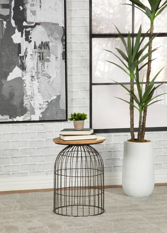 Coaster Bernardo Round Accent Table with Bird Cage Base Natural and Gunmetal Model 935860