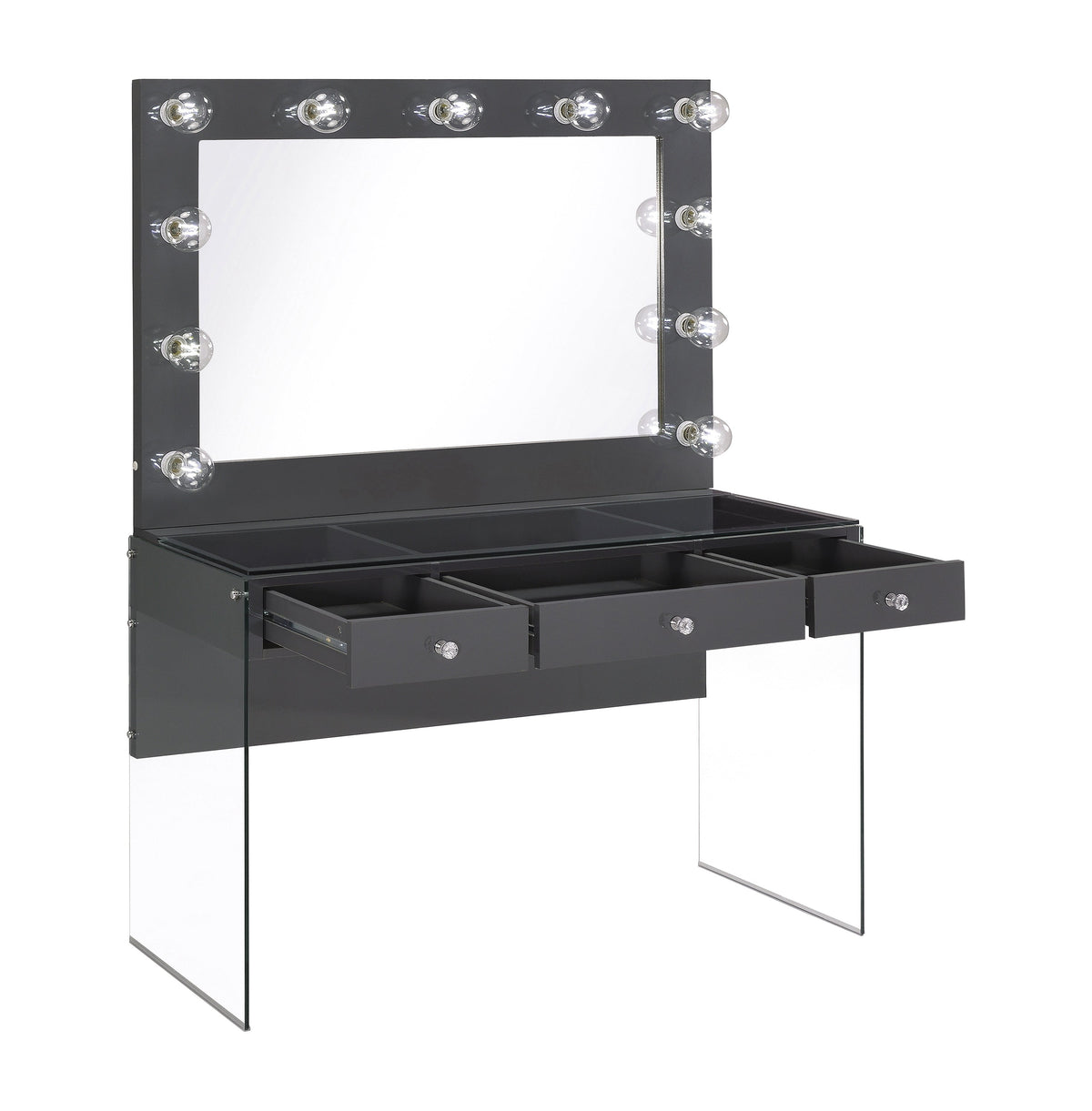 Coaster Afshan 3-drawer Vanity Desk with Lighting Mirror Grey High Gloss Model 935923