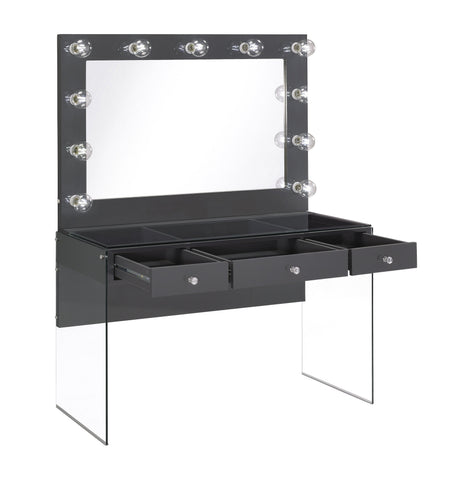 Coaster Afshan 3-drawer Vanity Desk with Lighting Mirror Grey High Gloss Model 935923