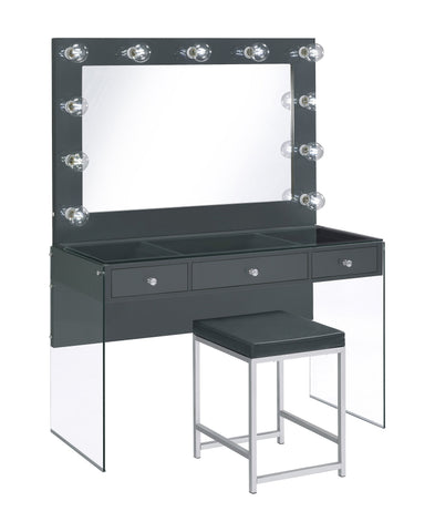 Coaster Afshan 3-drawer Vanity Desk with Lighting Mirror Grey High Gloss Model 935923
