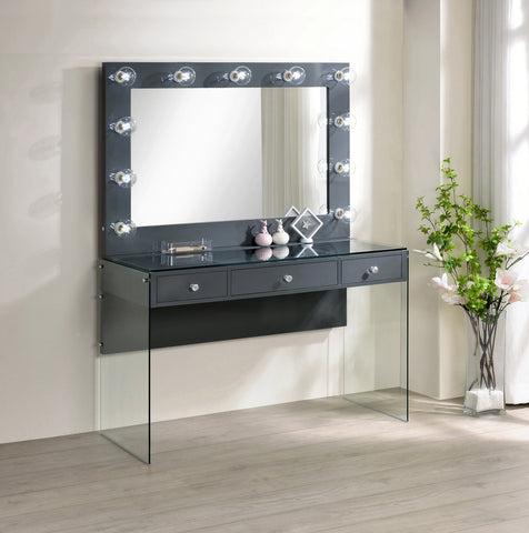 Coaster Afshan 3-drawer Vanity Desk with Lighting Mirror Grey High Gloss Model 935923