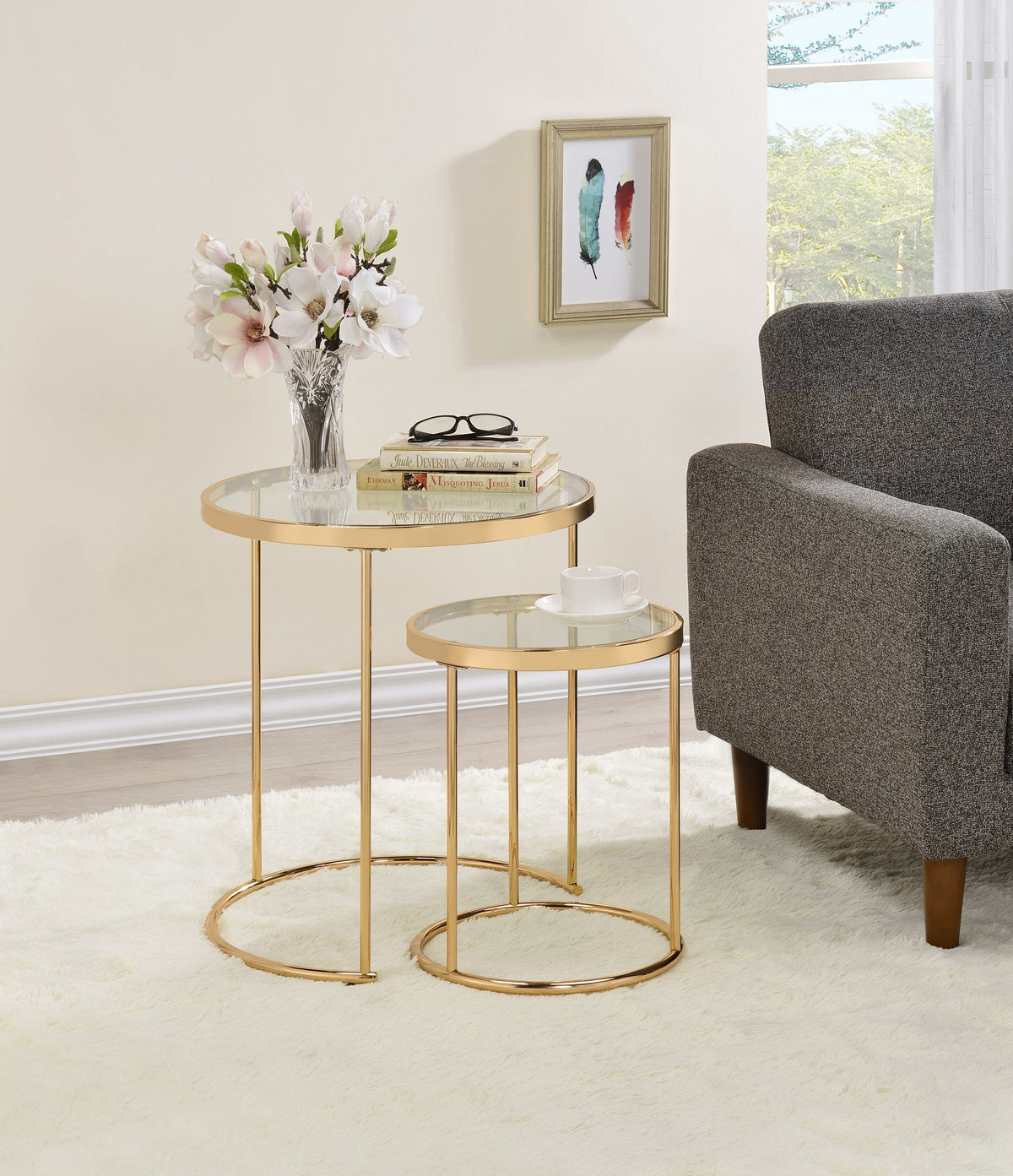 Coaster Maylin 2-piece Round Glass Top Nesting Tables Gold Model 935936