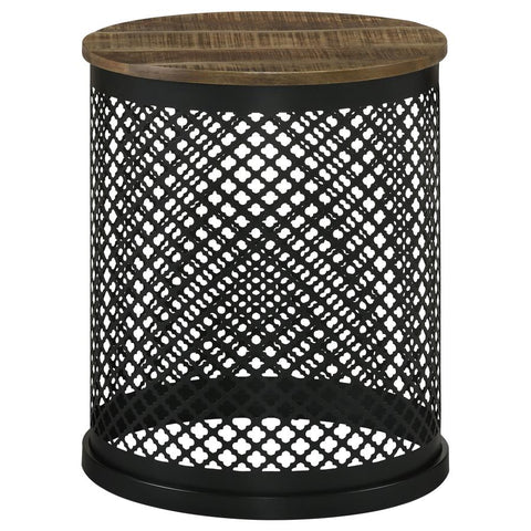 Coaster Aurora Round Accent Table with Drum Base Natural and Black Model 935990