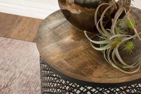 Coaster Aurora Round Accent Table with Drum Base Natural and Black Model 935990