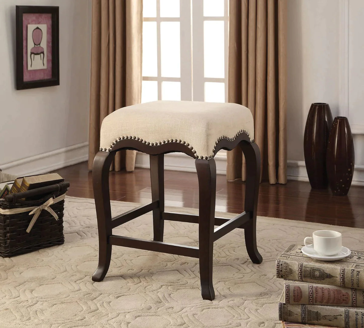Kakabel Cream Fabric & Espresso Stool Model 96614 By ACME Furniture