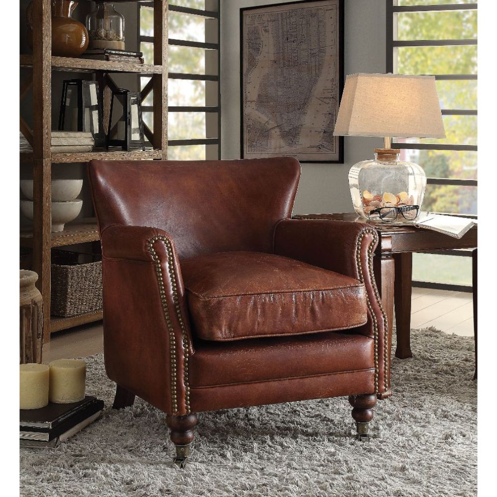 ACME Leeds Vintage Dark Brown Top Grain Leather Leeds Accent Chair Model 96679