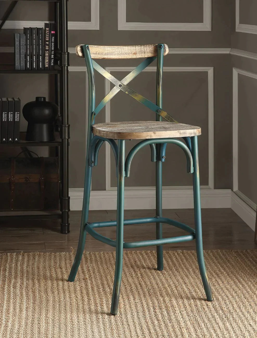 Zaire Antique Turquoise & Antique Oak Bar Chair Model 96807 By ACME Furniture