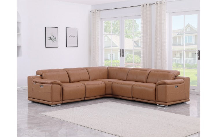 9762 DivanItalia Cognac 5-Piece Sectional with 3 Power Recliners and 1 Console Top Grain Italian LeatherModel:  9762-COGNAC-5PC-3PWR-SECTIONAL-GROUP