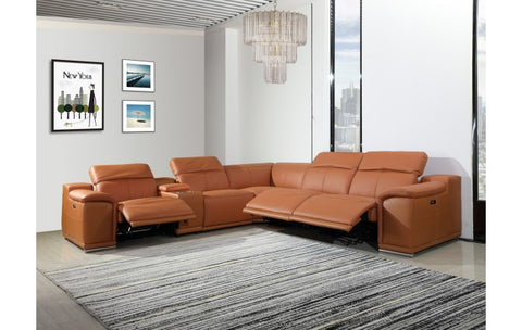 9762 DivanItalia Camel 6-Piece Sectional with 3 Power Recliners and 1 Console – Top Grain Italian LeatherModel:  9762-CAMEL-3PWR-6PC