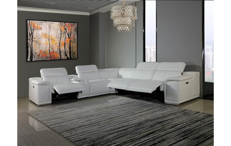 9762 DivanItalia White 6-Piece Sectional with 3 Power Recliners and 1 Console – Top Grain Italian LeatherModel:  9762-WHITE-3PWR-6PC