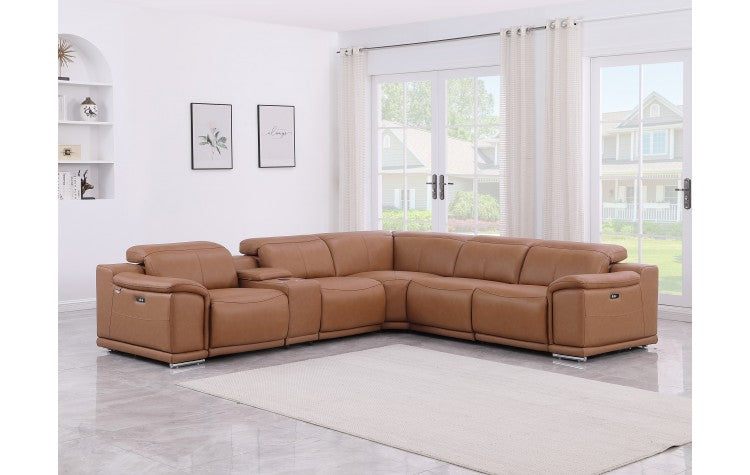 9762 DivanItalia Cognac 6-Piece Sectional with 3 Power Recliners and 1 Console Top Grain Italian LeatherModel:  9762-COGNAC-6PC-3PWR-SECTIONAL-GROUP