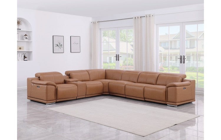 9762 DivanItalia Cognac 7-Piece Sectional with 4 Power Recliners and 1 Console Top Grain Italian LeatherModel:  9762-COGNAC-7PC-4PWR-SECTIONAL-GROUP