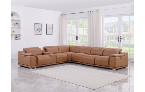 9762 DivanItalia Cognac 7-Piece Sectional with 4 Power Recliners and 1 Console Top Grain Italian LeatherModel:  9762-COGNAC-7PC-4PWR-SECTIONAL-GROUP