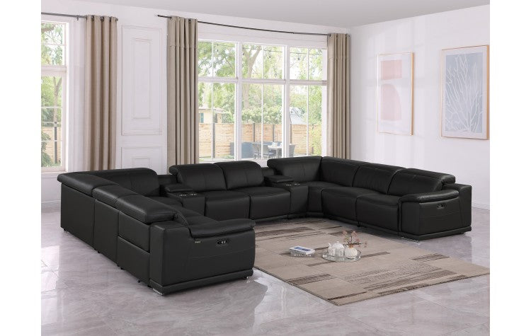 9762 DivanItalia Black 10-Piece Sectional – Top Grain Italian Leather with 4 Power Recliners and 2 ConsolesModel:  9762-BLACK-10PC-4PWR-U-SECTIONAL-GROUP