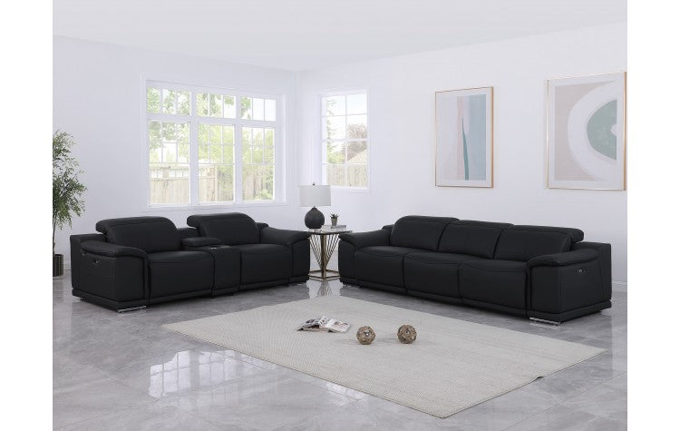 9762 DivanItalia Black 6-Piece Modular Power Reclining Sofa and Loveseat Set – Top Grain Italian LeatherModel:  9762-BLACK-6.5-HT