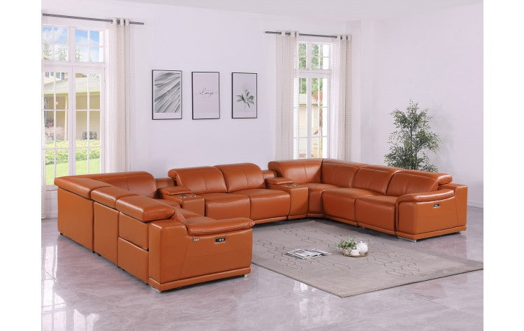 9762 DivanItalia Camel 10-Piece Sectional – Top Grain Italian Leather with 4 Power Recliners and 2 ConsolesModel:  9762-CAMEL-10PC-4PWR-U-SECTIONAL-GROUP