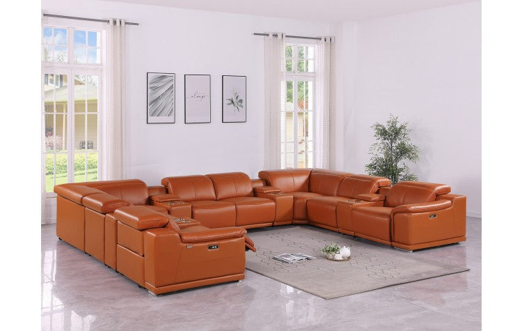 9762 DivanItalia Camel 12-Piece Sectional – Top Grain Italian Leather with 4 Power Recliners and 4 ConsolesModel:  9762-CAMEL-12PC-4PWR-U-SECTIONAL-GROUP