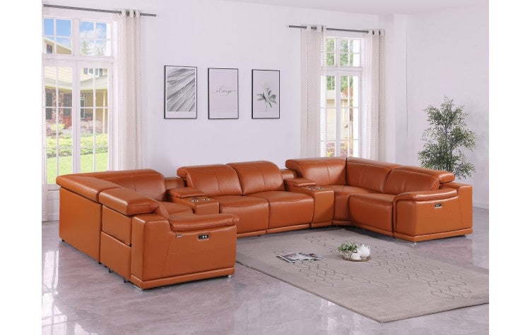 9762 DivanItalia Camel 8-Piece Sectional – Top Grain Italian Leather with 4 Power Recliners and 2 ConsolesModel:  9762-CAMEL-8PC-4PWR-U-SECTIONAL-GROUP