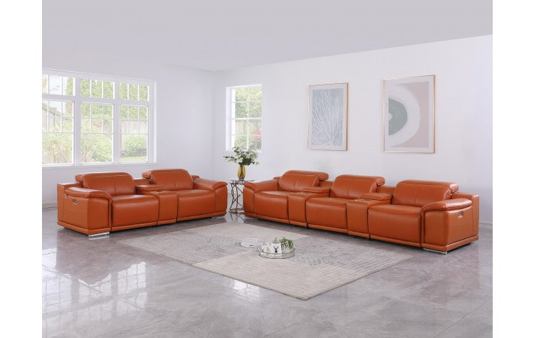 9762 DivanItalia Camel 8-Piece Modular Power Reclining Sofa and Loveseat Set – Top Grain Italian LeatherModel:  9762-CAMEL-8.5-HT