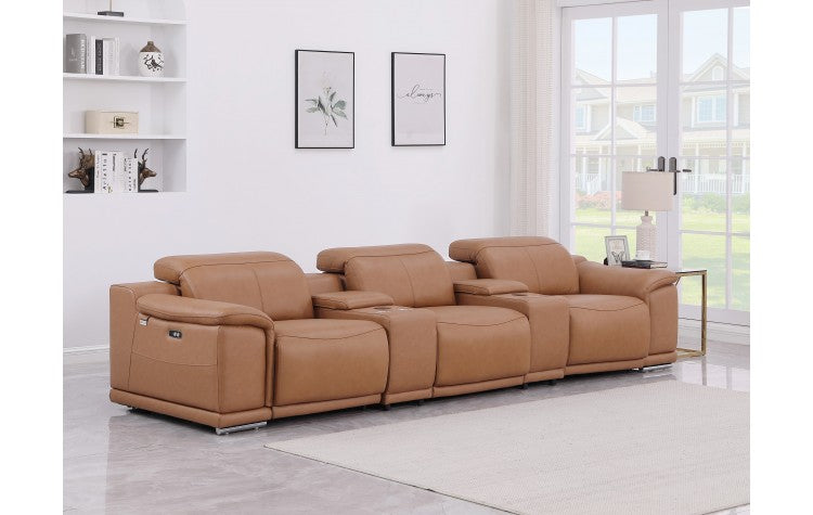 9762 DivanItalia Cognac 5-Piece Modular Power Reclining Sofa Top Grain Italian LeatherModel:  9762-COGNAC-5.3-HT