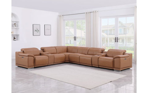 9762 DivanItalia Cognac 8-Piece Sectional with 3 Power Recliners and 2 Console Top Grain Italian LeatherModel:  9762-COGNAC-8PC-3PWR-SECTIONAL-GROUP