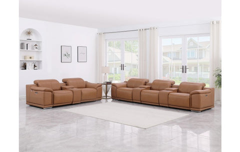 9762 DivanItalia Cognac 8-Piece Modular Power Reclining Sofa and Loveseat Set Top Grain Italian LeatherModel:  9762-COGNAC-8.5-HT