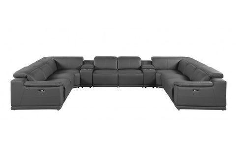 9762 DivanItalia Dark Gray 10-Piece Sectional – Top Grain Italian Leather with 4 Power Recliners and 2 ConsolesModel:  9762-DK-GREY-10PC-4PWR-U-SECTIONAL-GROUP