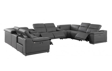9762 DivanItalia Dark Gray 10-Piece Sectional – Top Grain Italian Leather with 4 Power Recliners and 2 ConsolesModel:  9762-DK-GREY-10PC-4PWR-U-SECTIONAL-GROUP