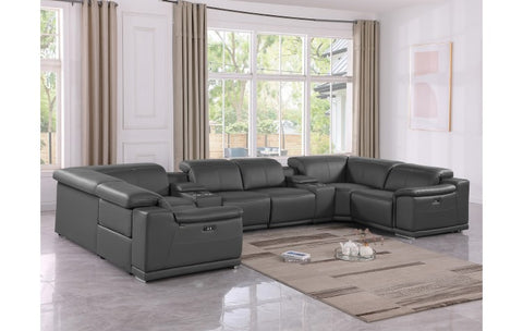 9762 DivanItalia Dark Gray 8-Piece Sectional – Top Grain Italian Leather with 2 Power Recliners and 2 ConsolesModel:  9762-DK-GREY-8PC-2PWR-U-SECTIONAL-GROUP