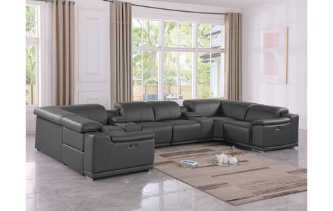 9762 DivanItalia Dark Gray 8-Piece Sectional – Top Grain Italian Leather with 4 Power Recliners and 2 ConsolesModel:  9762-DK-GREY-8PC-4PWR-U-SECTIONAL-GROUP