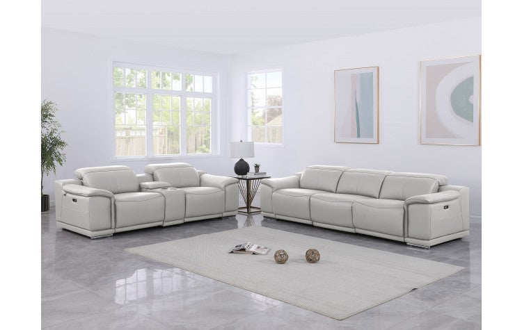 9762 DivanItalia Light Gray 6-Piece Modular Power Reclining Sofa and Loveseat Set – Top Grain Italian LeatherModel:  9762-LT-GREY-6.5-HT