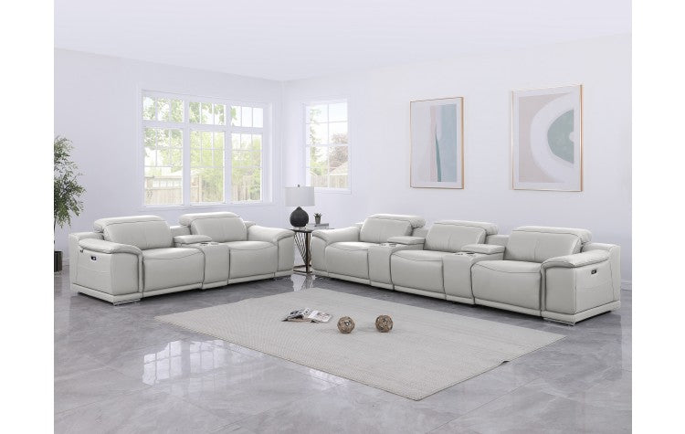 9762 DivanItalia Light Gray 8-Piece Modular Power Reclining Sofa and Loveseat Set – Top Grain Italian LeatherModel:  9762-LT-GREY-8.5-HT