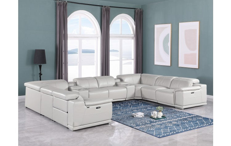 9762 DivanItalia Light Gray 10-Piece Sectional – Top Grain Italian Leather with 4 Power Recliners and 2 ConsolesModel:  9762-LT-GREY-10PC-4PWR-U-SECTIONAL-GROUP