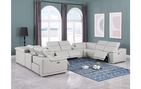 9762 DivanItalia Light Gray 10-Piece Sectional – Top Grain Italian Leather with 4 Power Recliners and 2 ConsolesModel:  9762-LT-GREY-10PC-4PWR-U-SECTIONAL-GROUP