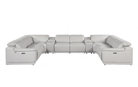 9762 DivanItalia Light Gray 10-Piece Sectional – Top Grain Italian Leather with 4 Power Recliners and 2 ConsolesModel:  9762-LT-GREY-10PC-4PWR-U-SECTIONAL-GROUP
