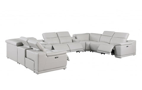 9762 DivanItalia Light Gray 10-Piece Sectional – Top Grain Italian Leather with 4 Power Recliners and 2 ConsolesModel:  9762-LT-GREY-10PC-4PWR-U-SECTIONAL-GROUP