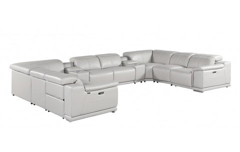 9762 DivanItalia Light Gray 10-Piece Sectional – Top Grain Italian Leather with 4 Power Recliners and 2 ConsolesModel:  9762-LT-GREY-10PC-4PWR-U-SECTIONAL-GROUP