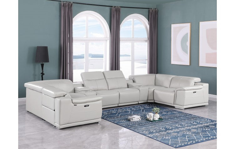 9762 DivanItalia Light Gray 8-Piece Sectional – Top Grain Italian Leather with 2 Power Recliners and 2 ConsolesModel:  9762-LT-GREY-8PC-2PWR-U-SECTIONAL-GROUP